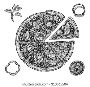 Set of hand drawn ink pizza and ingredients. Black and white vector artwork