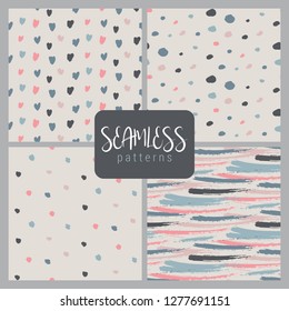 Set of hand drawn ink seamless patterns. Endless vector backgrounds of simple primitive scratchy textures with dots, stripes, hearts.
