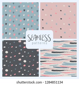 Set of hand drawn ink seamless patterns. Endless vector backgrounds of simple primitive scratchy textures with dots, stripes, hearts.