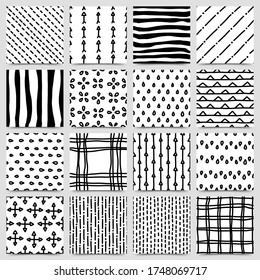 Set of hand drawn ink seamless pattern, vector illustration