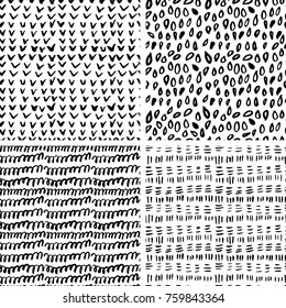 Set of hand drawn ink seamless patterns. Endless vector backgrounds of simple primitive textures with dots, stripes, waves.