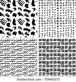 Set of hand drawn ink seamless patterns. Endless vector backgrounds of simple primitive textures with dots, stripes, waves.