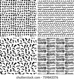 Set of hand drawn ink seamless patterns. Endless vector backgrounds of simple primitive textures with dots, stripes, waves.