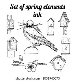 Set of hand drawn ink spring elements: bird, blooming twig, birdhouse. Strokes on white background. Vector illustration.