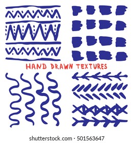 Set hand drawn ink texture isolated on white background. Good idea for creative backgrounds of banners, posters, invitations, cards. Vector illustration