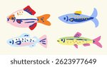 Set of Hand drawn ink vector fish illustration. Conceptual, naive marine sketch.  Element for poster, social media, banners, invitation. Trendy abstract sardine collection.