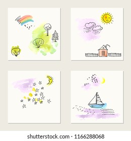 Set of hand drawn ink and watercolor cards with nature drawings. Trees, rainbow, sun, moon, stars, ocean, boat, house.