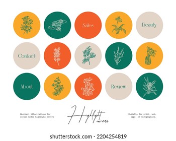 Set of hand drawn ink wildflower and botanical illustrations for social media highlight covers
