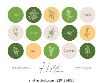 Set of hand drawn ink wildflower and botanical illustrations for social media highlight covers
