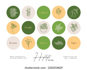 Set of hand drawn ink wildflower and botanical illustrations for social media highlight covers
