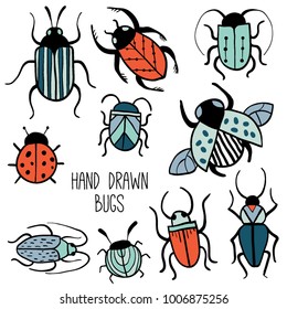 Set of hand drawn insects. Beetles collection in outline style. Isolated on white