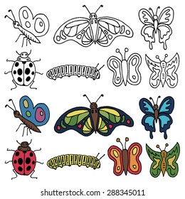 set of hand drawn insects in black outline and color versions