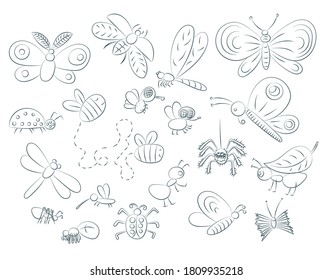 Set Of Hand Drawn Insects Isolated On White Background.  Ladybird, Butterfly, Beetle, Caterpillar, Damselfly, Spider And Other. For Coloring And Print