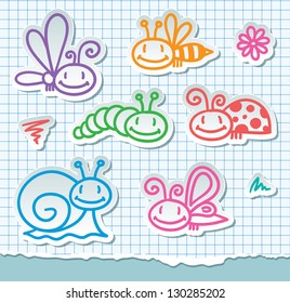 set of hand drawn insects on a torn paper page