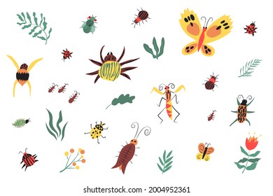 Set of hand drawn insects and plants.Summer set of pictures for print.Beetles, fly, butterflys, mantis, ants, spiders, ladybug, blades of grass, flower.Vector illustration isolated on white background