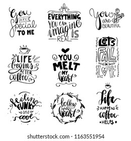 Set of Hand drawn Inspirational Lettering Quotes with Doodle elements. Vector calligraphy Inspirational and Motivational prases. Life, Coffee, Love, Funky, and other.