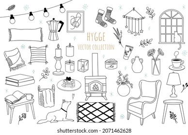 set of hand drawn interior icons for winter. hygge vector illustration set.	