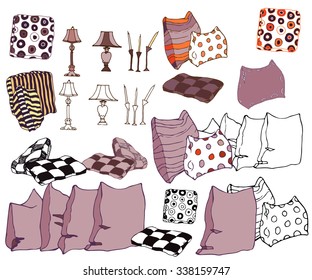 Set of hand drawn interior objects: pillows, vintage lamps, candles. Isolated on white background. Vector illustration 