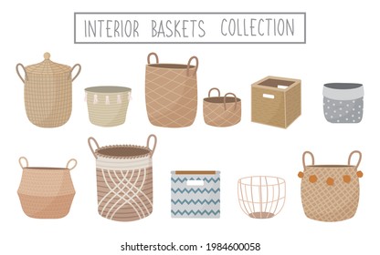 Set of hand drawn interior wicker, woven, rattan, wood baskets. Trendy empty storage items in doodle style. Traditional basket vector illustration.