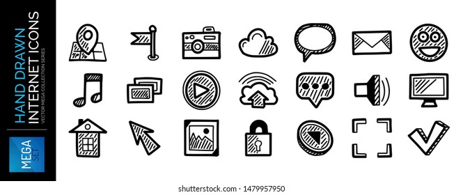 Set of hand drawn internet icons, web concepts isolated on white. Map pointer, flag, cloud computing, email, smile emoji, photo, lock, tick, home, mouse pointer, sound music and other ideas