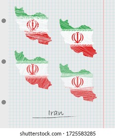 Set of hand drawn Iran map with the flag.