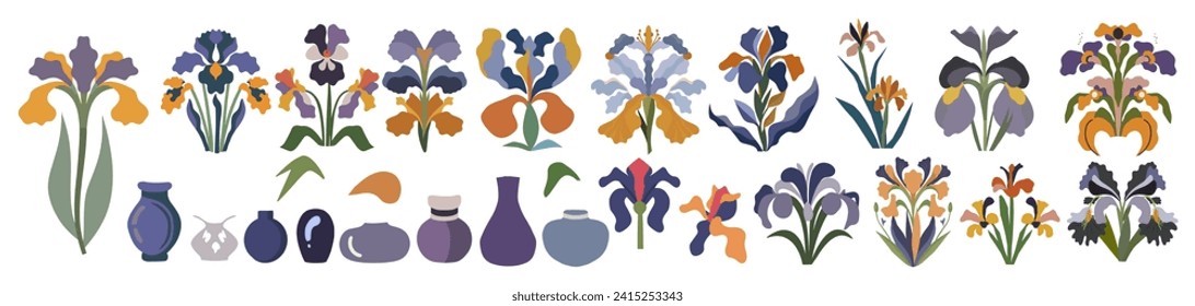 Set of hand drawn Iris flowers design elements. 