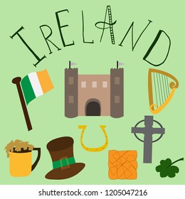 Set of Hand Drawn Irish Elements and letering. Vector Illustration.