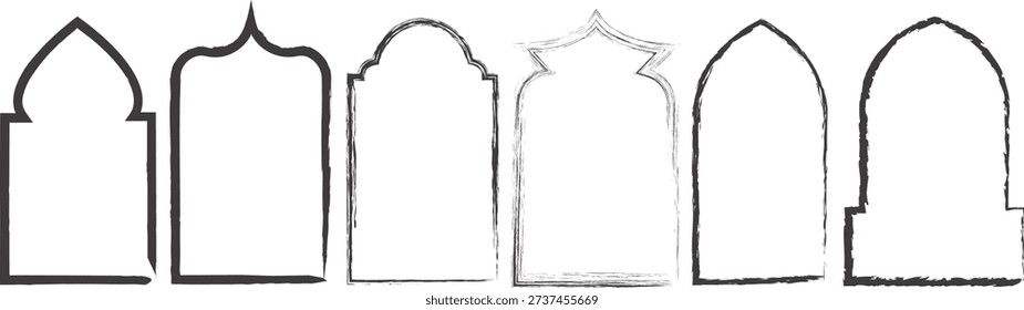 Set of hand drawn Islamic arch frames and borders with brush stroke texture for Ramadan, Eid, and Arabic design projects.