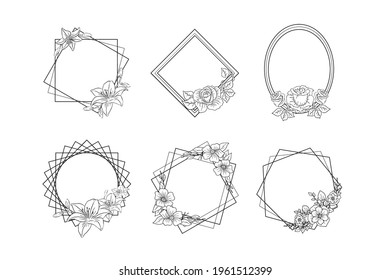 Set Of Hand Drawn Isolated Decorative Floral Frames Wreath For Wedding And Invitation