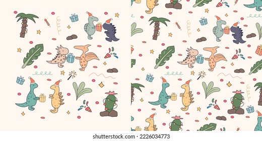 Set of hand drawn isolated doodle objects and seamless pattern with cute christmas dinosaurs.
Includes colorful cartoon dinosaurs, a garlanded palm and cactus, and plants. Children's pattern.