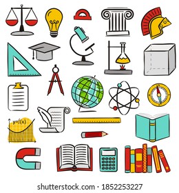 Set of hand drawn isolated educational icons. Pictograms of an open book, globe, physics, geography, history, math, literature. Vector illustration on the theme of School, teaching, online learning