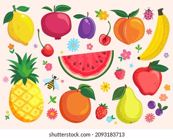 Set of hand drawn isolated fruits,berries.Sweet summer treat,tasty food for kids:lemon,pomegranate,plum,peach and cherry,orange,blueberry,raspberry,apple,pear, pineapple,strawberry,banana.Vector