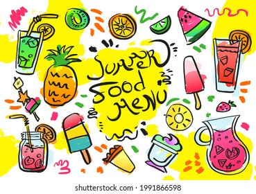Set of hand drawn isolated illustration on yellow background. Doodle of summer food menu: ice-cream, juice, watermelon, kiwi, pineapple, mojito, orange, lime