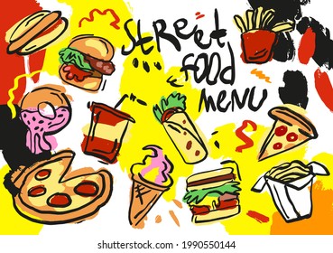 Handgezeichnet einzeln auf weißem und farbigem Hintergrund, Doodle der Straßenkarte. Farbige Vektorgrafik: Hamburger, Pommes frites, Hot dog, Pizza, Soda, Eis, Nudeln, Schawarma, Donut