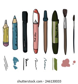Set of Hand Drawn Isolated Pens, Pencils, Liners and Brushes