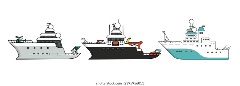 Set of hand drawn isolated research vessels for sea exploration, expedition ship with helicopter. Each vessel poised for scientific discovery with specialized equipment