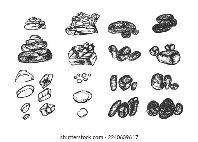 Set hand drawn isolated rocks o white background. Roung pen sketch freehand drawing stones vector element icon illustration black and white drawing.