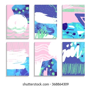 Set of hand drawn isolated scribble cards. Freehand decoration for wallpaper. Spring expressive ornament.  Marble vector effects. Pastel hipster template for placards, posters, banners, flyers, cards