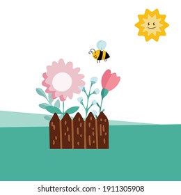 Set of hand drawn isolated spring elements. Fence, sun, flowers, bee. Vector illustration