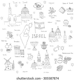 Set of hand drawn Israel icons, Jewish sketch illustration, doodle elements, Isolated national elements made in vector. Travel to Israel icons for cards and web pages