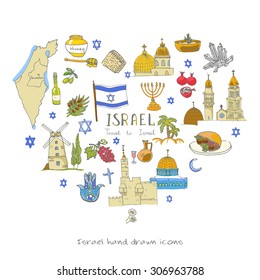 Set of hand drawn Israel icons, Jewish sketch illustration, doodle elements, Isolated national elements made in vector. Travel to Israel icons for cards and web pages