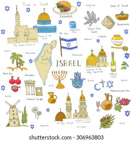 Set of hand drawn Israel icons, Jewish sketch illustration, doodle elements, Isolated national elements made in vector. Travel to Israel icons for cards and web pages