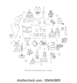 Set of hand drawn Israel icons, Jewish sketch illustration, doodle elements, Isolated national elements made in vector. Travel to Israel icons for cards and web pages