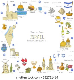 Set of hand drawn Israel icons, Jewish sketch illustration, doodle elements, Isolated national elements made in vector. Travel to Israel icons for cards and web pages