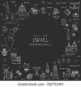 Set of hand drawn Israel icons, Jewish sketch illustration, doodle elements, Isolated national elements made in vector. Travel to Israel icons for cards and web pages