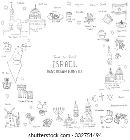 Set of hand drawn Israel icons, Jewish sketch illustration, doodle elements, Isolated national elements made in vector. Travel to Israel icons for cards and web pages