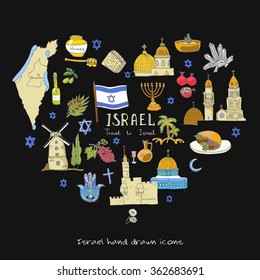 Set of hand drawn Israel icons, Jewish sketch illustration, doodle elements, Isolated national elements made in vector. Travel to Israel icons for cards and web pages