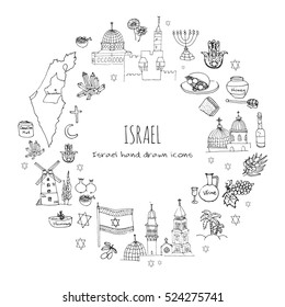 Set of hand drawn Israel icons. Jewish sketch. Vector illustration. Doodle elements, Isolated national elements on white background. Travel to Israel icon for cards and web pages. Hanukkah symbol.