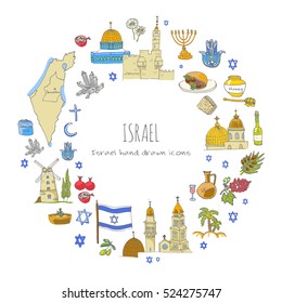 Set of hand drawn Israel icons. Jewish sketch. Vector illustration. Doodle elements, Isolated national elements on white background. Travel to Israel icon for cards and web pages. Hanukkah symbol.