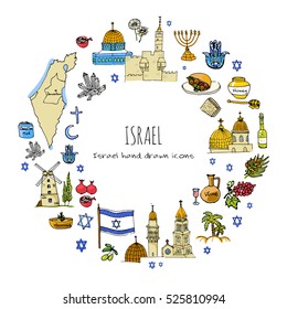 Set of hand drawn Israel icons. Jewish sketch. Vector illustration. Doodle elements, Isolated national elements on white background. Travel to Israel icon for cards and web pages. Hanukkah symbol.